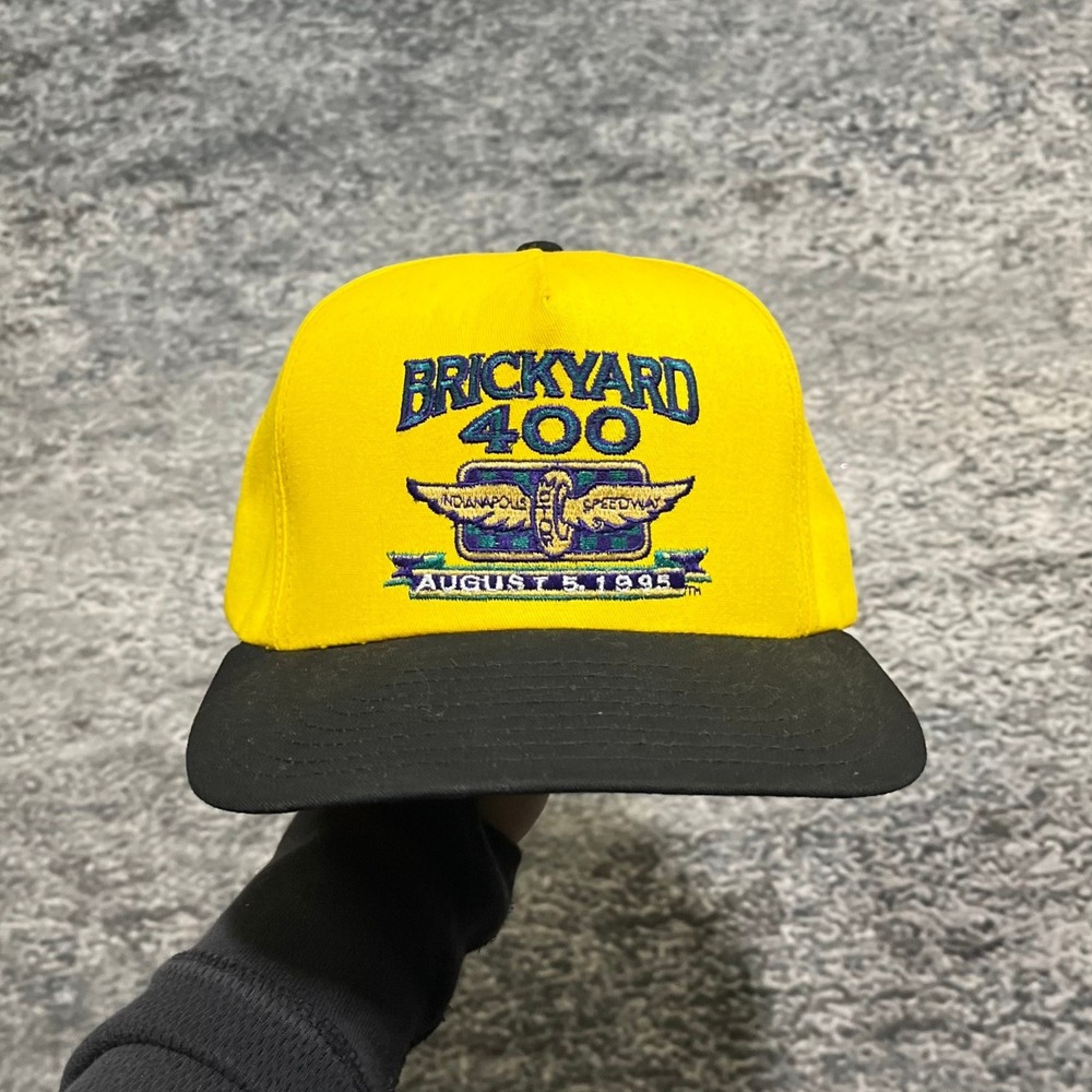 Vintage 1995 Brickyard 400 Snapback Hat Yellow‎ Black DeLong Racing 90s Cap